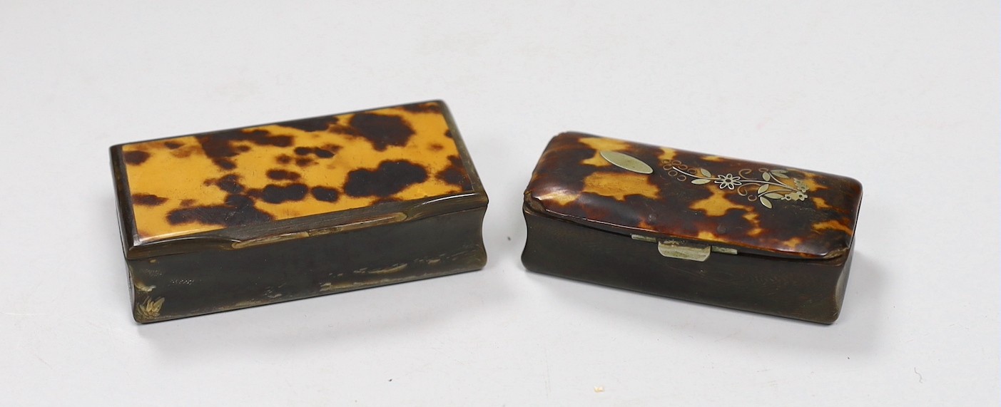 Two 19th century tortoiseshell and horn snuff boxes and three decorative gilt metal monocles